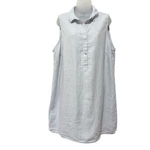 TAHARI Dress 2X 100% Linen Pinstripes Sleeveless Shift Mini Popover White Blue